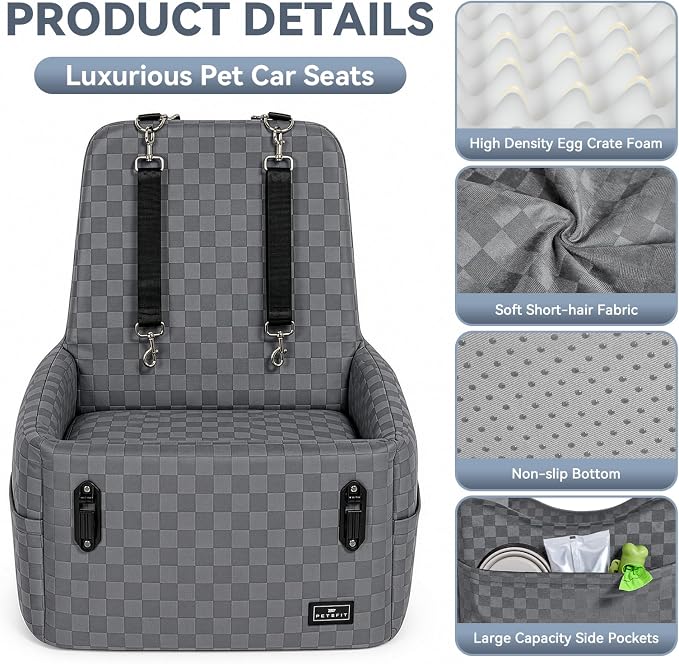 Dog Car Seat for Small/Medium Dogs Up to 35 lbs – Patented Safety System, 5" Memory Foam Pet Booster Car Seat, Fully Detachable and Washable Dog Carseat with 2 Storage Pockets (Grey)