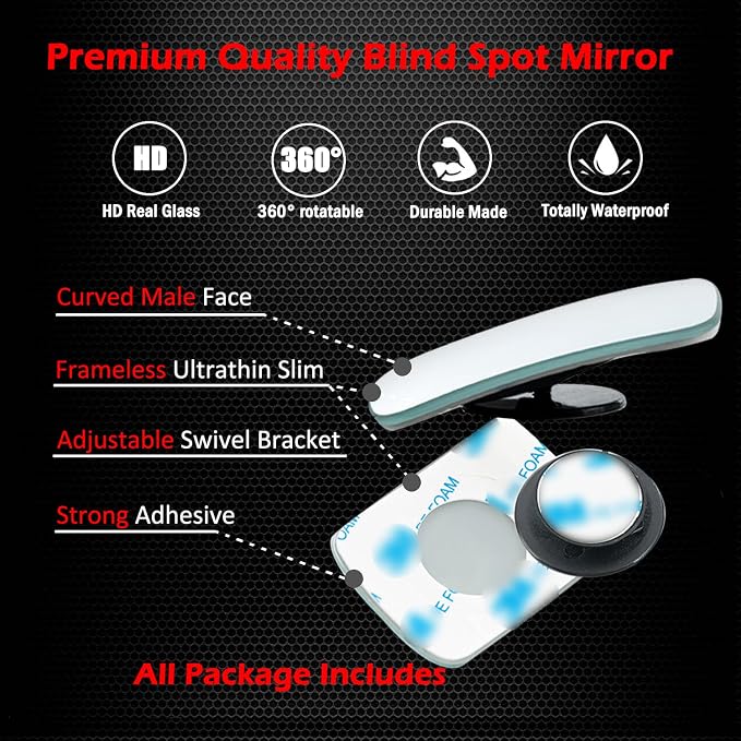 Slim Square Blind Spot Mirror, HD Glass Frameless Convex Rear View Mirror, Pack of 2