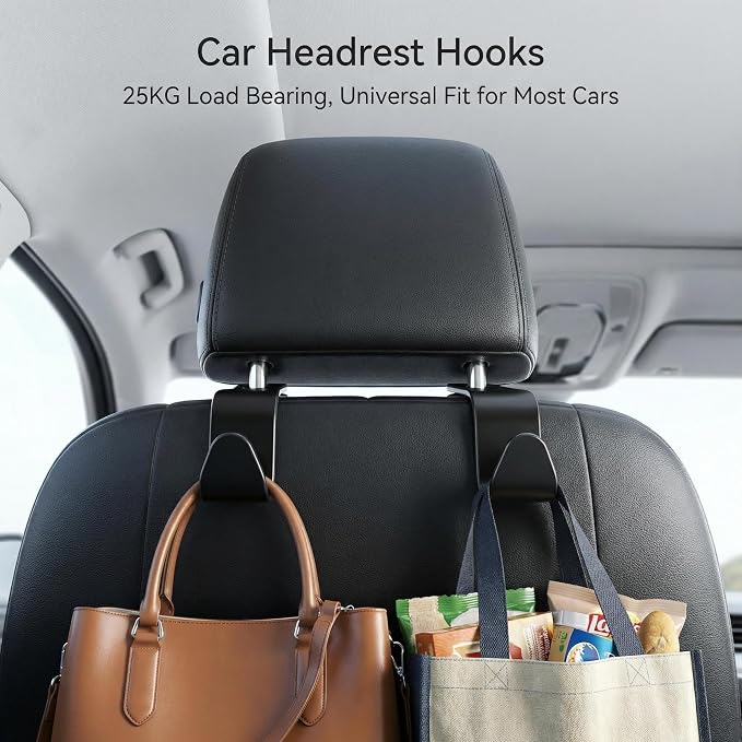 Car Headrest Hooks – 4-Pack Black, 13 lbs Capacity | Hang purses, coats, umbrellas & grocery bags. Universal fit for most headrests. ABS design keeps car tidy & clutter‑free.