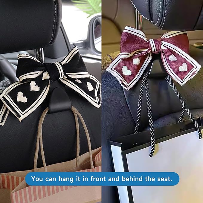 2PCS Car Seat Hooks, Cute Bow Car Seat Headrest Hooks for Purses, Bags, Umbrella, Universal Automotive Interior Decoration Accessoriesl for Vehicle, SUV, Sedan, Truck (Black)