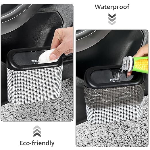 Bling Car Trash Can with Lid, Mini Auto Garbage Storage Bin with 60pcs Garbage Bags, Sparkling Crystal Trash Bags Holder Dustbin Vehicle Accessories Container Organizer (White Rhinestone)