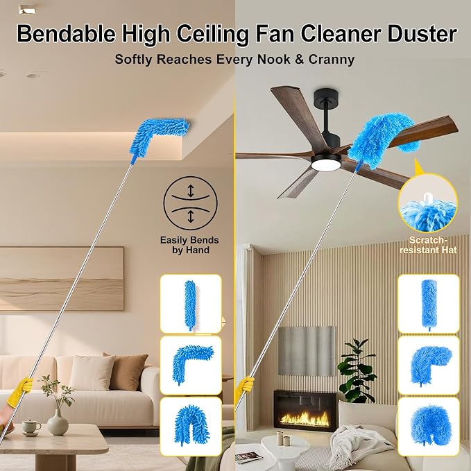 5-in-1 Microfiber Duster Kit with 100” Extension Pole – Reinforced Stainless Steel Telescopic Handle for High Ceiling Fans, Cobwebs & Vents – Multi-Head Dusters for Cleaning with Anti-Spin Pole