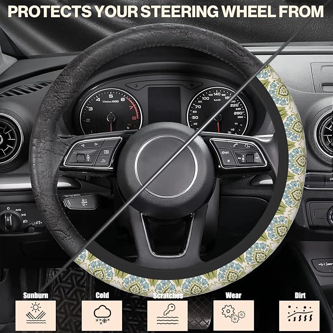Abstract Florals Block Steering Wheel Cover, Elastic Non-Slip Steering Wheel Protector,Auto Interior Decor for Women Girls,Universal 15" Fit for Sedans,Trucks
