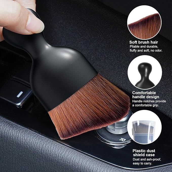 Car Detailing Brush, Curved Soft Bristles Auto Removal Dust Collectors, Universal Vehicle Dashboard, Air Conditioner Vents etc Interior Cleaning Tool Accessories (Dark Brown)