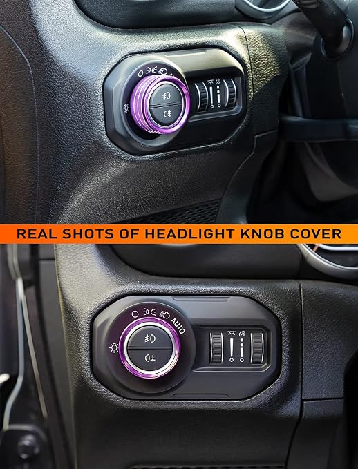HVAC Climate Control Panel Knob Trim Kit & Light Control Switch Cover, Air Conditioner Knob Aluminum Alloy Ring for 2018-2024 Jeep Wrangler JL JLU & Gladiator JT, Interior Accessories,Purple