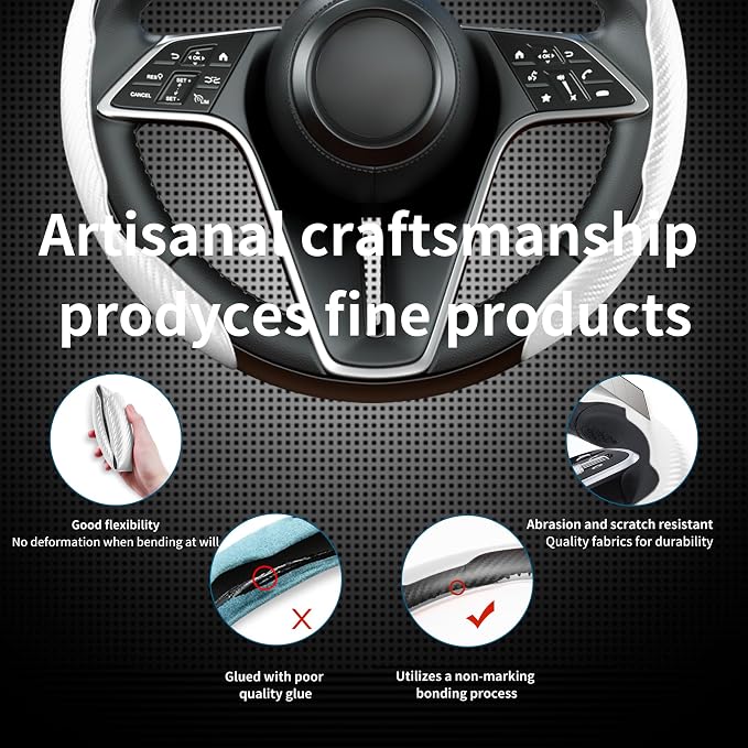 2Pc Carbon Fiber Steering Wheel Cover Universal Fit 99% Cars | Non-slip soft grip, easy to wipe clean, quick to install, perfect for daily commutes and road trips, White