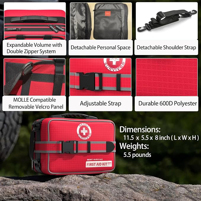 401 Pieces First Aid Kit with 2 Chest Seals & Israeli Bandage -Waterproof, Expandable Trauma Bag for Home, Car, Camping, Outdoor Emergency (Labeled Compartments, MOLLE Mountable)