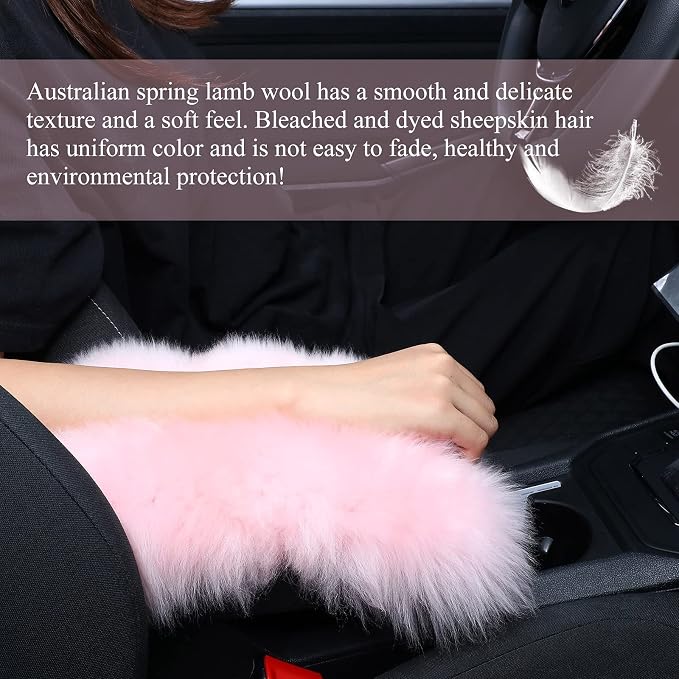 Furry Armrest Cover Auto Center Console Cover Car Soft Console Pad, Real Sheepskin Wool Soft Fluffy Auto Center Armrest Pad for Most Car Decoration Protector(Light Pink)