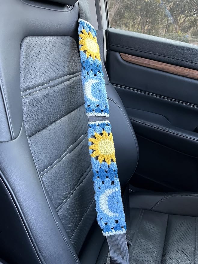 Handmade Crochet Sun and Moon Car Steering Wheel Covers Universal 14-15 inch for Women and Men (Steering Wheel Cover+2 Belt Cover)