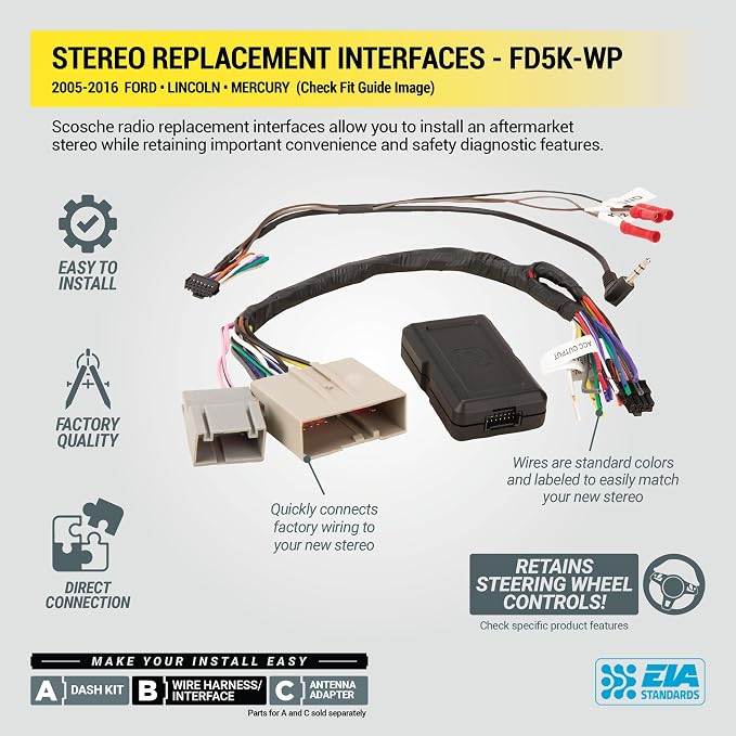 FD5K-WP Factory Stereo Replacement Interface Adapter Kit, Compatible with Select 2005-2016 Ford, Lincoln & Mercury, Car Radio Wiring Harness, Retains Steering Wheel Controls & OEM Amplifier