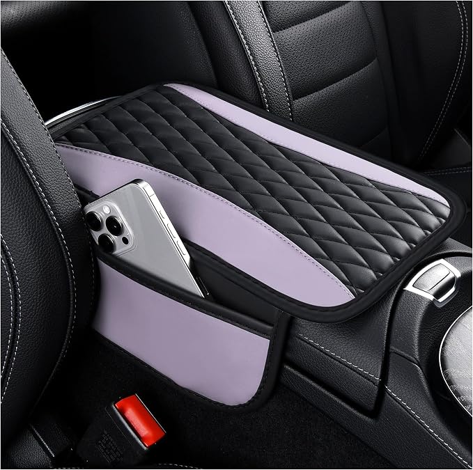 Patchwork Leather Center Console Covers for Cars,Upgraded Arm Rest Cover for Car with Side Storage Pocket for Car Seat Organizer,Middle Console Cover Stylish Car Decoration (Taro Purple)