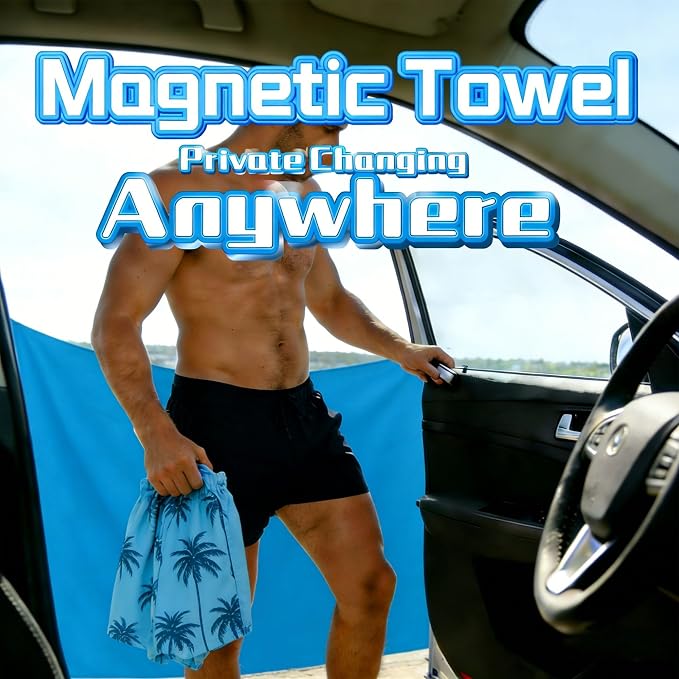 Magnetic Beach Towel | Extra Wide & Enhanced Magnet (75"x40"), Sand-Free Quick-Dry Microfiber for Car Door Changing, Beach, Pool | Includes Storage Bag, Travel & Camping (Blue)