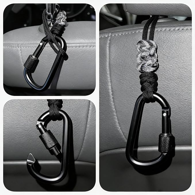 Car Seat Back Hooks 2 Pack - Heavy Duty Rope & Metal Buckle Car Hangers, No Wobble Multi-Purpose Organizer for Grocery Bags, Backpacks, Umbrellas, Trash Bags (Fit Most Vehicles) Black