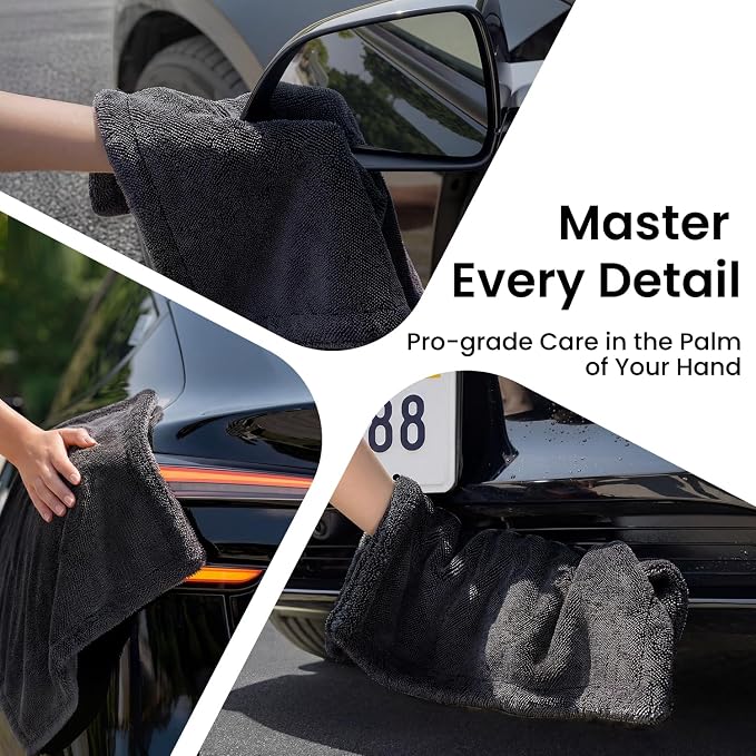 2 Pack 1300 GSM Car Drying Towel, [Twisted Loop, Pro-Grade Care] Car Microfiber Cleaning Cloth Accessories, Streak Free, Lint Free, Reusable, 2Pcs (36"×24"+16"×16"), Black Gray