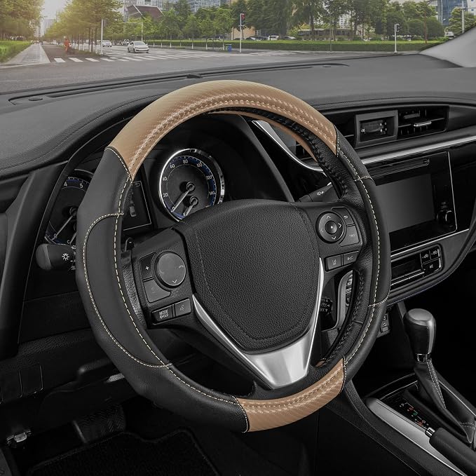 GripDrive Carbon Fiber Steering Wheel Cover, Non-Slip Sporty Racing Faux Leather Ergonomic Comfortable Handle, Steering Wheel Cover for Cars Trucks Vans SUV - Fits Standard 15 Inch - Beige