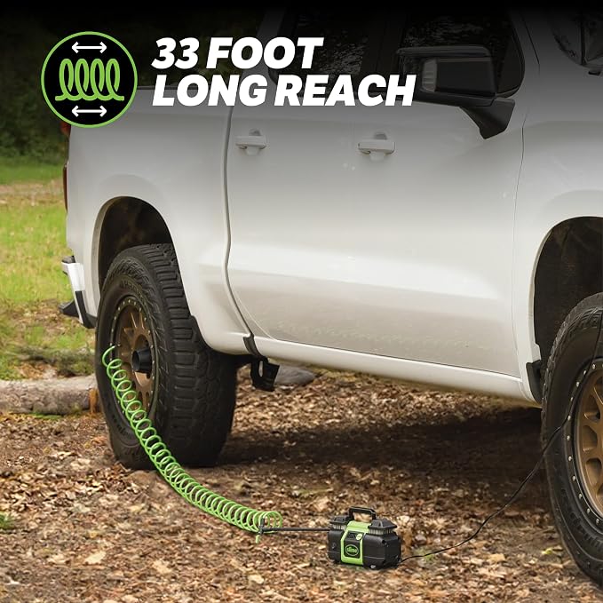 40083 Tire Inflator, Super Duty Pro Power, Battery Connection, Dual Piston, with Digital 0-99 psi Gauge, Long Hose and LED Light, Alligator Clips, 2 min Inflation