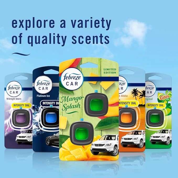Car Air Freshener Vent Clip Multipack Mango Splash Scent, Long Lasting Smell Fighter for Strong Odors Car Clip Automotive Vent Air Freshener 4 Count