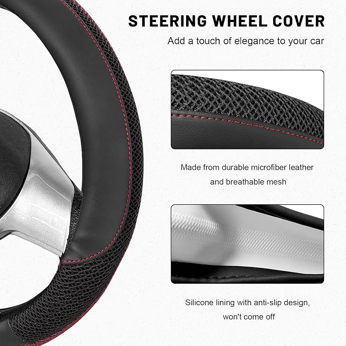 Sun Walker Steering Wheel Cover, 15 inch Breathable Steering Wheel Protector with Anti-Slip Lining, Comfortable Wheel Wrap Cover for Most Vehicles, Universal Car Accessories (Black)