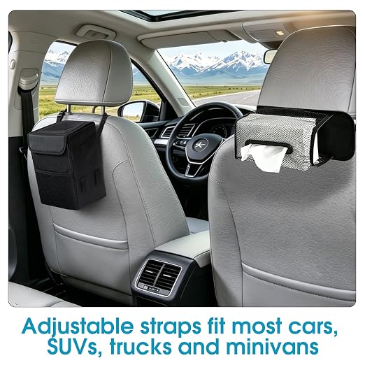 Car Trash Can with Tissue Holder, Leakproof Car Garbage Can with Detachable Car Napkin Holder, Hanging Car Trash Bin for Headrest, Console, Truck, SUV Car Accessories, Black