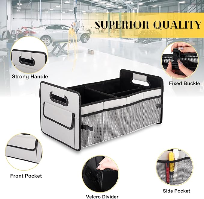 Car Trunk Organizer, Car Organizers and Storage Collapsible Multi Compartment Container Box, Adjustable Car Accessories for SUV Sedan Truck, Standard Size, Grey