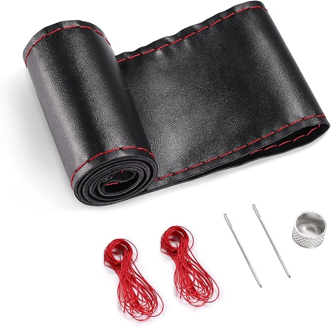 Genuine Leather Steering Wheel Cover, Stitch On Wrap, 15 Inch Steering Wheel Wrap for Car Truck SUV Pickup Boat, DIY Sewing with Needle Thread, Black with Red Thread