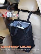 New Leak-Proof Travel Car Trash Bag, 3.5 Gallons Large Capacity Hanging Car Trash Can with Hook and Loop Lid and Handle, Multipurpose Trash Bin with Storage Pockets for SUV RV Camping (Black)