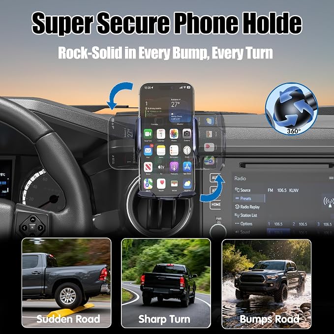 Car Phone Mount for Toyota Tacoma 2016–2023, Smart Auto-Clamping on Custom Dashboard Base, 15W Wireless Fast Charging, 360° Adjustable, Without Blocking Airflow, Toyota Tacoma Essential Accessories