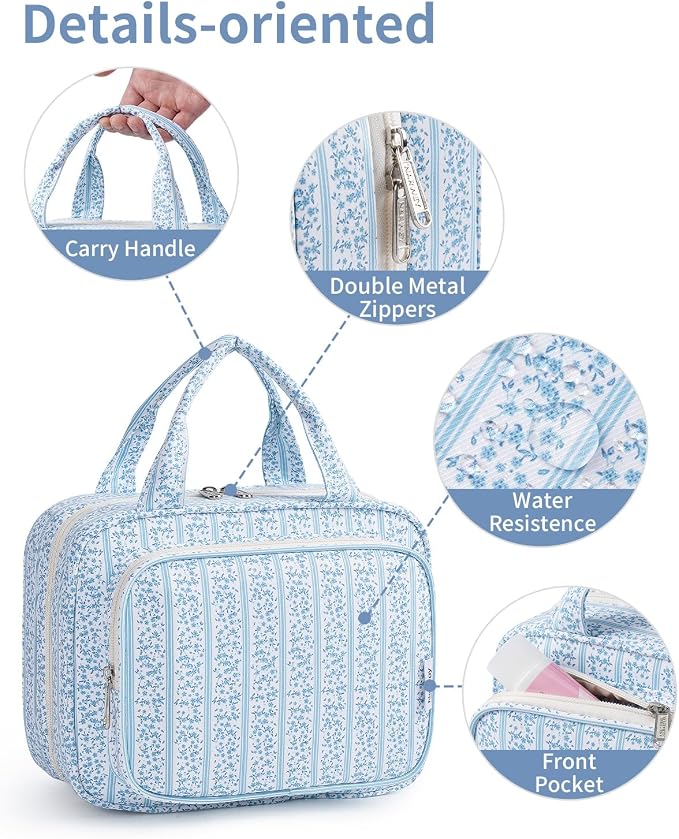 Hanging Toiletry Bag for Women Travel Makeup Bag Organizer Toiletries Bag for Travel Size Essentials Accessories Cosmetics (Blue Flower Buds (Medium))