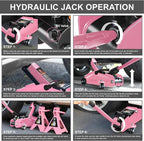 DNA Motoring 2 Ton Car Jack and Stands Kit 2T(4000 lbs) Capacity Low Profile Hydraulic Trolley Service/Floor Jack with 2 Ratchet Stands Combo for Home Garage Shop, Pink, TOOLS-00476-PK