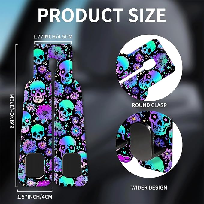 Car Seat Headrest Hook, Universal Leather Cute Hanger Holder Hook, Storage Organizer Interior Accessories for Purse Bags Handbag Purple Cute Skulls