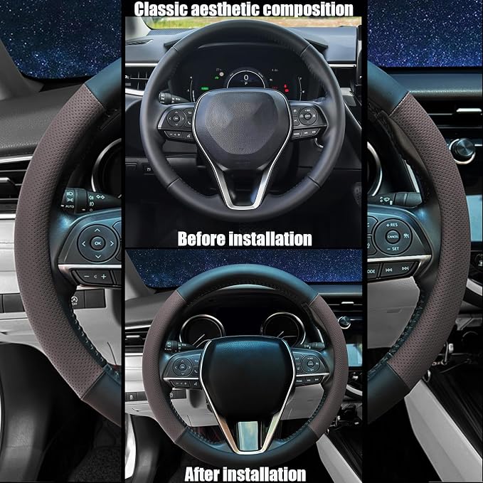 Steering Wheel Cover Standard Size 14.5-15 inch, Non-Slip Car Wheel Cover Protector, Non-Folding Packaging, Microfiber Leather, Black and Chocolate Brown