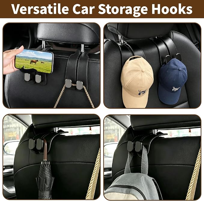 Car Seat Headrest Hooks, 4 Pack Universal Purse Hook for Car, Bag Holder with Double Hooks, Back Seat Storage Organizer for Purses, Handbags, Grocery
