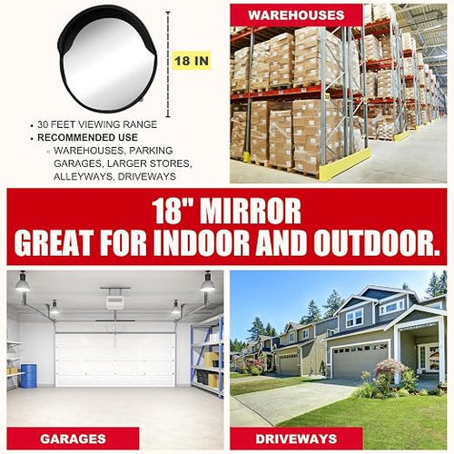 18 Inch Convex Mirror for Blind Spots - Shatterproof with Adjustable 90° Fisheye View - Outdoor and Indoor Safety Mirror for Driveways, Garages, and Hallways