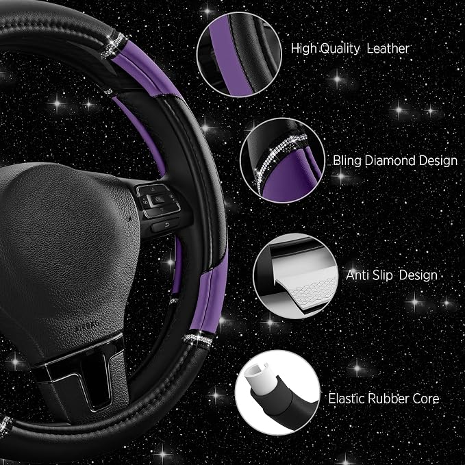 Leather Steering Wheel Cover - Made with PVC Leather - Anti-Slip, Universal Fit 14 1/2 inches to 15 1/2 inches - Purple