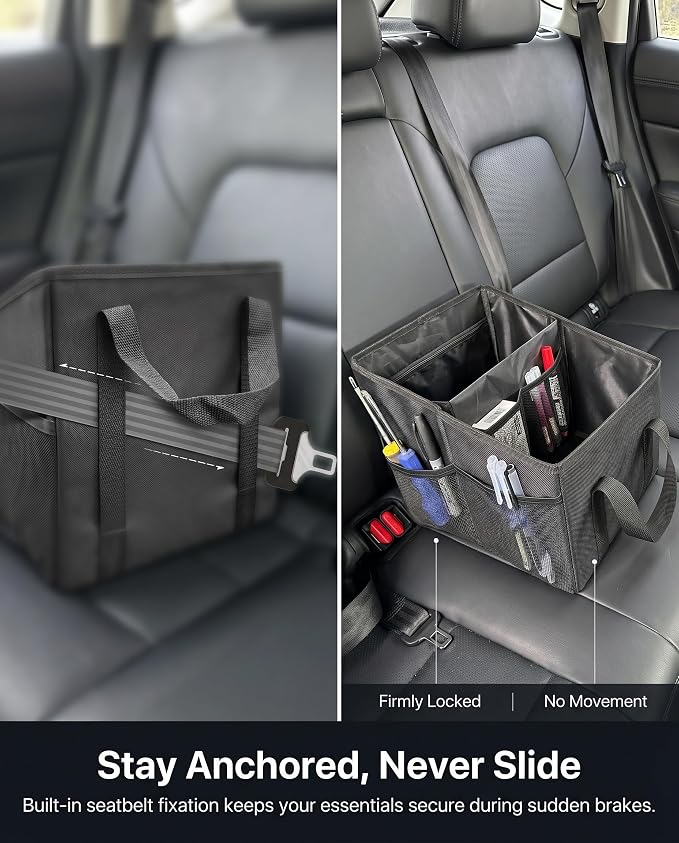 Car Seat Organizer, Collapsible Front Seat Storage Box with Adjustable Divider & Seatbelt Straps, Oxford Multifunctional Car Organizer for Passenger Seat, Backseat & Trunk, Black