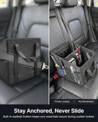 Car Seat Organizer, Collapsible Front Seat Storage Box with Adjustable Divider & Seatbelt Straps, Oxford Multifunctional Car Organizer for Passenger Seat, Backseat & Trunk, Black