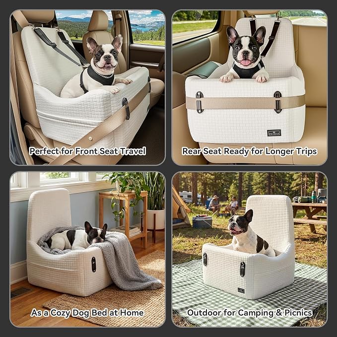 Dog Booster Car Seat for Small/Medium Dogs Up to 35 lbs – Patented Safety System, 5" Memory Foam Pet Car Seat, Fully Detachable and Washable Cover, Front/Back Seat Travel Booster (Beige)