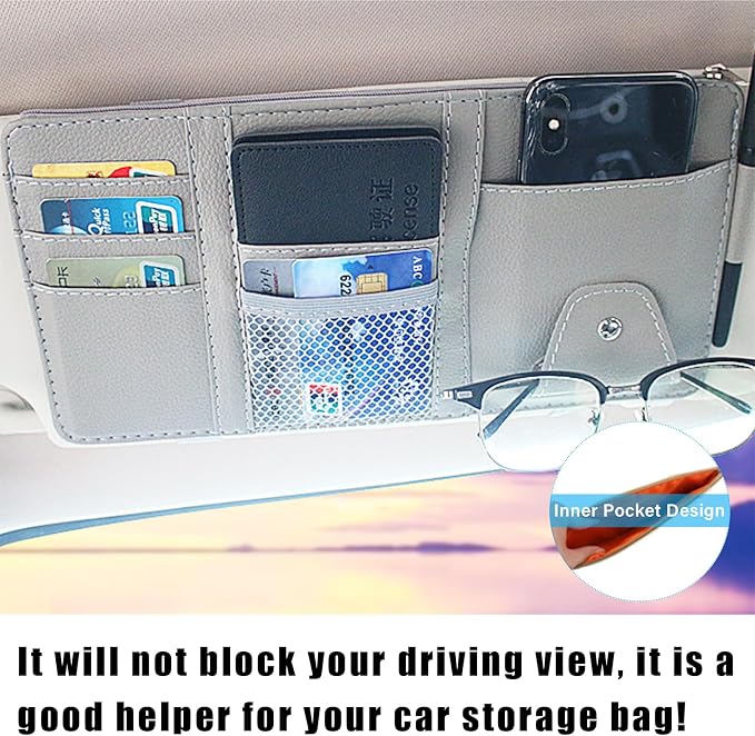 Car Sun Visor Organizer, Leather Personal Belonging Storage Pouch with Zipper, Car Visor Storage Pouch Sunglasses Holder, Auto Interior Accessories Pocket Organizers (Gray)