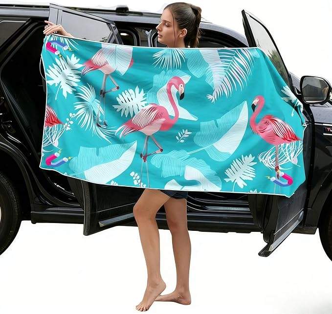 Magnetic Beach Towel | Extra Wide & Enhanced Magnet (75"x40"), Sand-Free Quick-Dry Microfiber for Car Door Changing, Beach, Pool | Includes Storage Bag, Travel & Camping (Flamingo Sky)