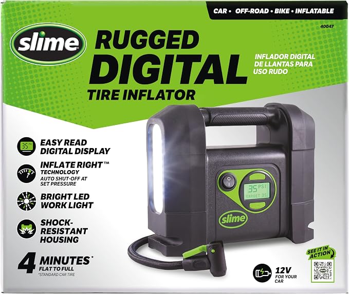40047 Tire Inflator, Portable Car Air Compressor, Rugged, Inflate Right automatic shut off, with Digital 99 psi Display, Long Hose and LED Light, 12V, 4 min inflation
