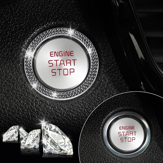 2 PCS Crystal Double Rhinestone Car Engine Start Stop Decoration Ring, Bling Car Interior Accessories for Women, Push to Start Button Cover Sticker, Automotive Decals, Glossy Black