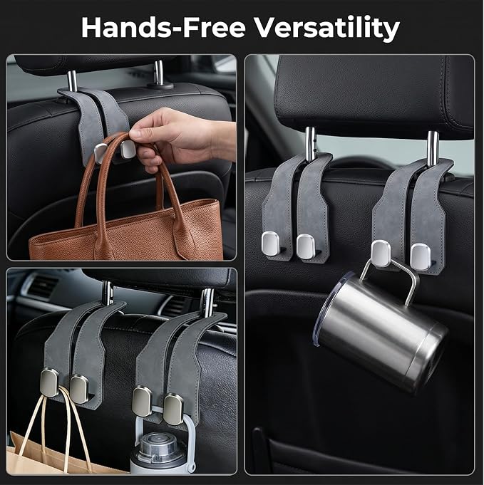 Car Seat Headrest Storage Hooks - 2 Pack Dual Hangers Design Organization Accessories, Car Interior Gadgets to Add Extra Holder and Hook for Purses,Bags,Coat and Handbag