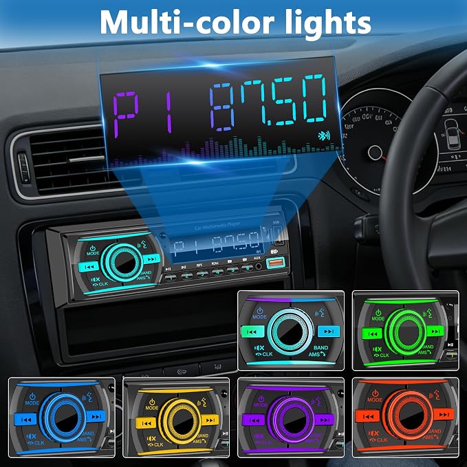 Single Din Radio Car Stereo Bluetooth,Radio Head Unit with FM/Dual USB/AUX/TF/EQ/MP3/RCA,12V Bluetooth Car Stereo Support Hands Free Calling,Clock Display,iOS & Android App Control,No CD(Black)
