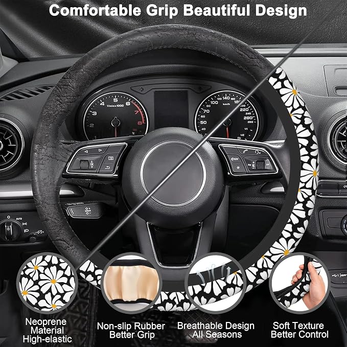 Daisy Steering Wheel Cover for Women Girly,White Daisy Flower 15 Inch Non-Slip Breathable Neoprene Steering Wheel Cover Fit Auto,SUVs,Includes 2 PCS Cup Coasters