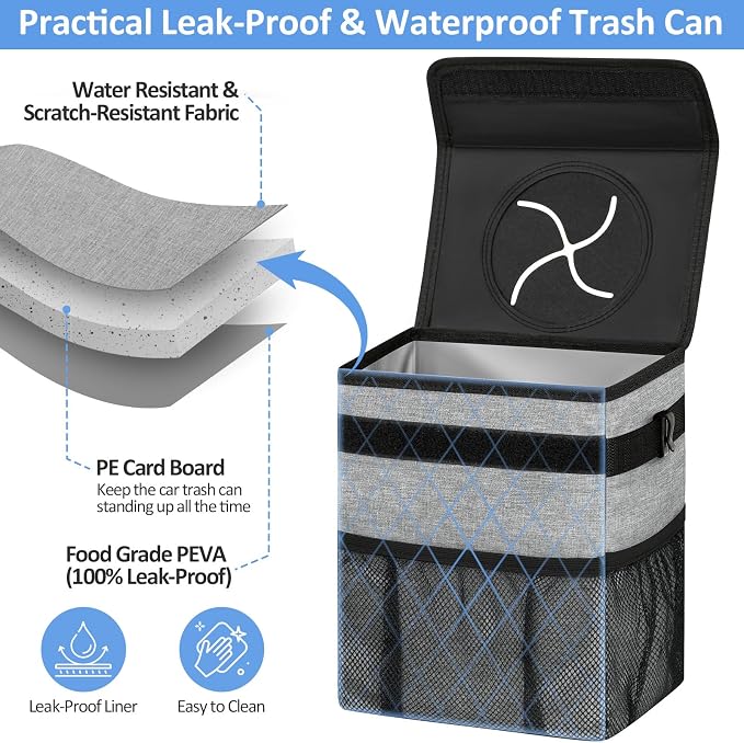 Car Trash Can Bin for Back Seat Leak Proof, Cute Car Trash Bag Hanging, Vehicle Trash Can for SUV Truck Van, Automotive Garbage Cans Front Seat Grey