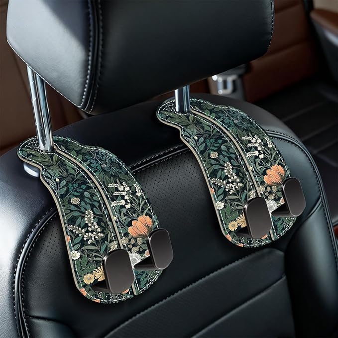 2PCS Car Hooks for Purses Bags, Weeds Floral Flowers Wildflowers Plants Seat Back Storage Headrest Holder Hanger PU Leather Double Backseat Organizer, Women Car Accessories Organization