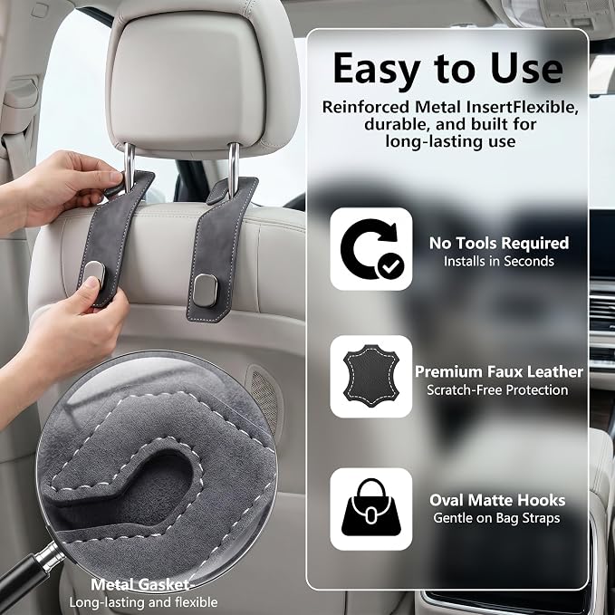 Purse Hook for Car Seat Headrest, Suede Car Purse Hook, Heavy Duty Car Hook Organizer for Handbags, Grocery Bags & Backpacks, Universal Car Hooks for SUV Truck Interior(Gray,2pcs)