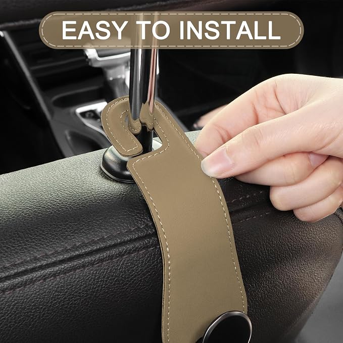 Car Headrest Hooks, 2 Pack Leather Car Seat Storage Hanger for Purses Bags, Stylish Car Seat Organizer Hooks for Handbag Coat Umbrellas, Car Inside Accessories, Apricot