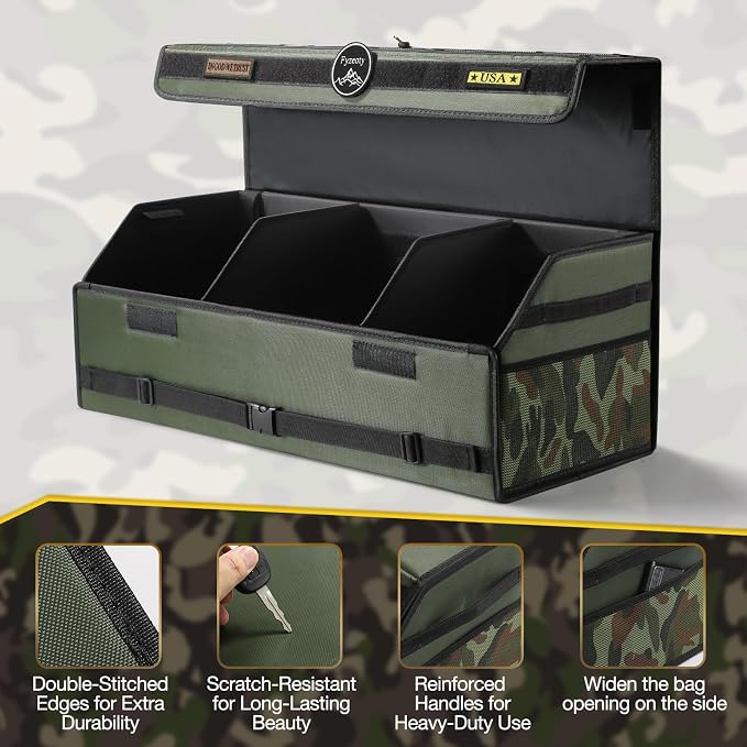 Car Trunk Organizer for SUV and Sedan, Tactical‑Green, 29.5 in | Tactical & Aerospace Oxford, Extra‑Large, Hinged Lid, Collapsible & Adjustable, Water‑Resist & Dust‑Proof
