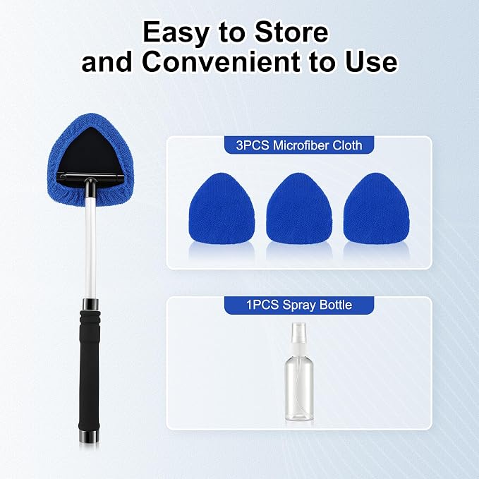 Windshield Cleaner Tool, Car Interior and Exterior Window Cleaning Kit with Extendable Handle & 4 Reusable Microfiber Pads, Auto Glass Wiper Brush Kit for Car & Home Windows (Blue)